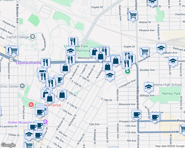 map of restaurants, bars, coffee shops, grocery stores, and more near 208 East 16th Street in Helena
