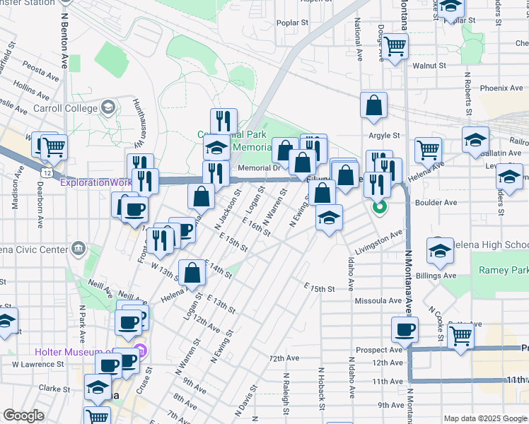 map of restaurants, bars, coffee shops, grocery stores, and more near 101-199 E 17th St in Helena