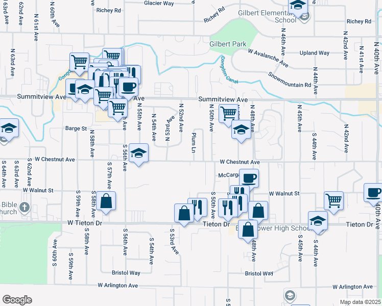 map of restaurants, bars, coffee shops, grocery stores, and more near 108 Plum Lane in Yakima