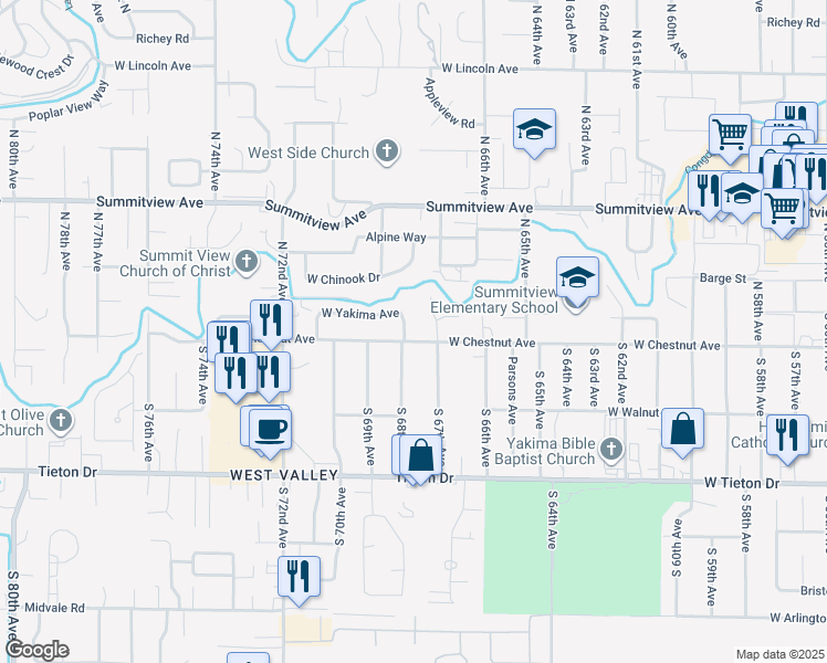 map of restaurants, bars, coffee shops, grocery stores, and more near 6805 West Yakima Avenue in Yakima