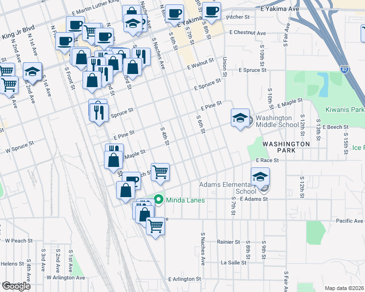 map of restaurants, bars, coffee shops, grocery stores, and more near 531 East Maple Street in Union Gap