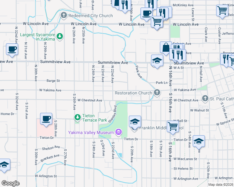 map of restaurants, bars, coffee shops, grocery stores, and more near 2106 Barge St in Yakima