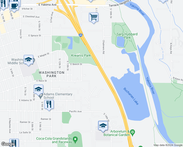 map of restaurants, bars, coffee shops, grocery stores, and more near 1602 East Beech Street in Yakima