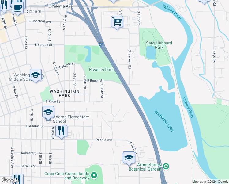 map of restaurants, bars, coffee shops, grocery stores, and more near 1602 East Beech Street in Yakima