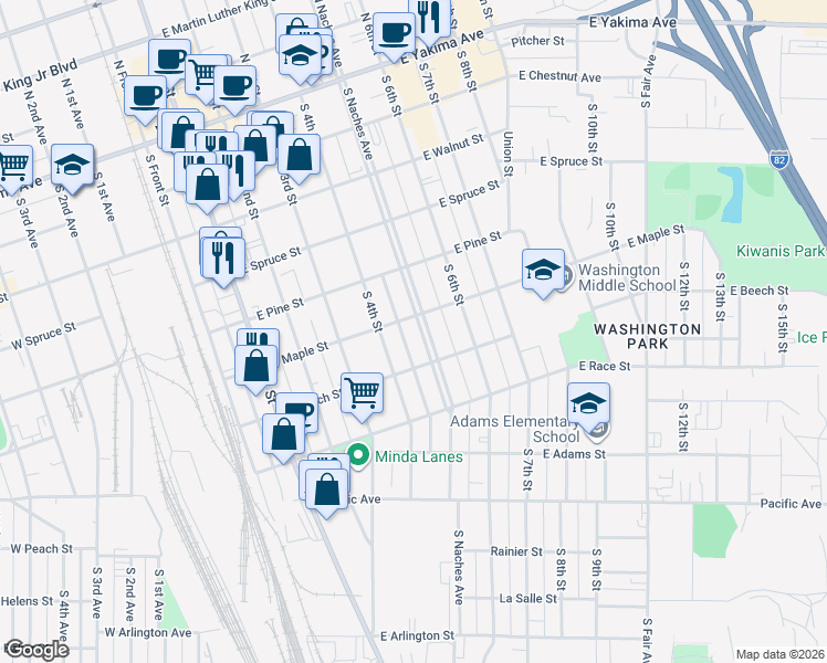 map of restaurants, bars, coffee shops, grocery stores, and more near 531 East Maple Street in Union Gap