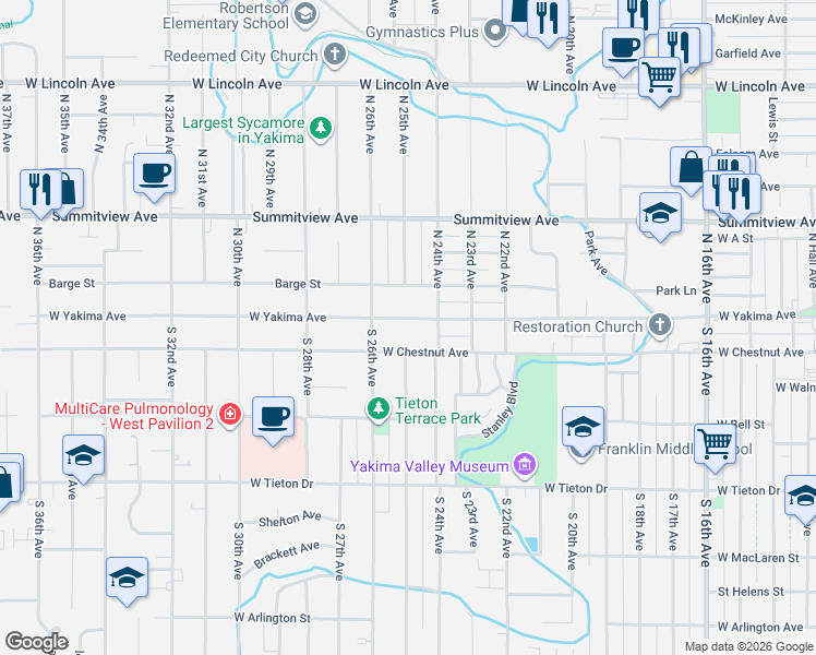 map of restaurants, bars, coffee shops, grocery stores, and more near 2403 West Yakima Avenue in Yakima