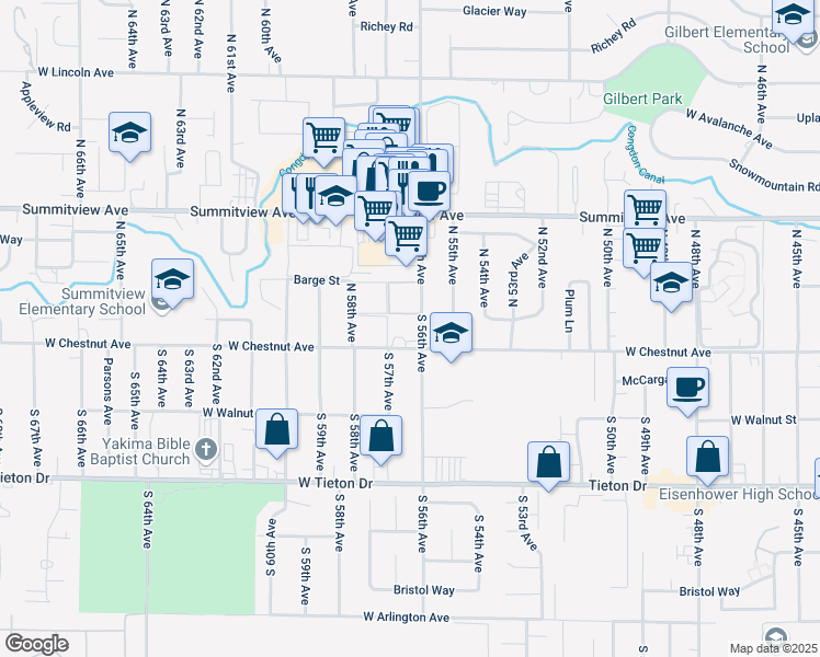 map of restaurants, bars, coffee shops, grocery stores, and more near 100 North 56th Avenue in Yakima