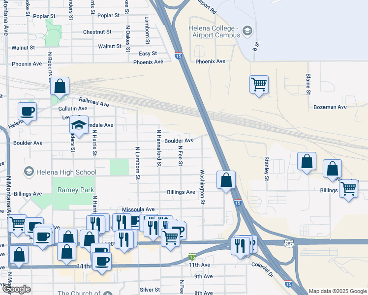 map of restaurants, bars, coffee shops, grocery stores, and more near 1219 North Fee Street in Helena