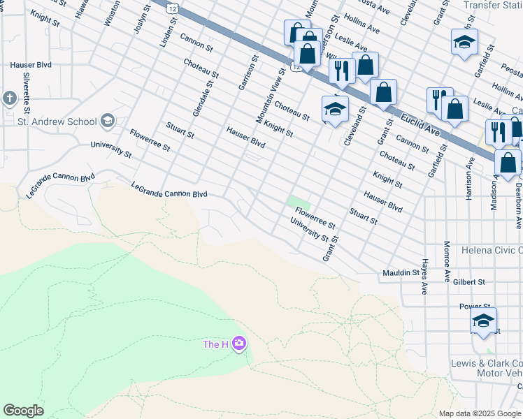 map of restaurants, bars, coffee shops, grocery stores, and more near 1401 University St in Helena