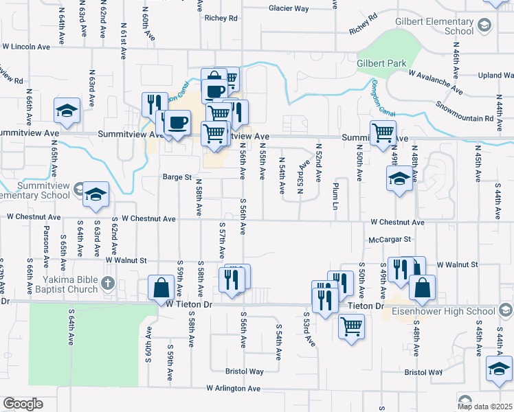 map of restaurants, bars, coffee shops, grocery stores, and more near 4 North 55th Avenue in Yakima