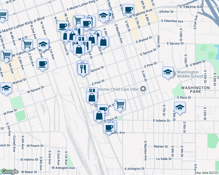 map of restaurants, bars, coffee shops, grocery stores, and more near 404 South 3rd Street in Yakima