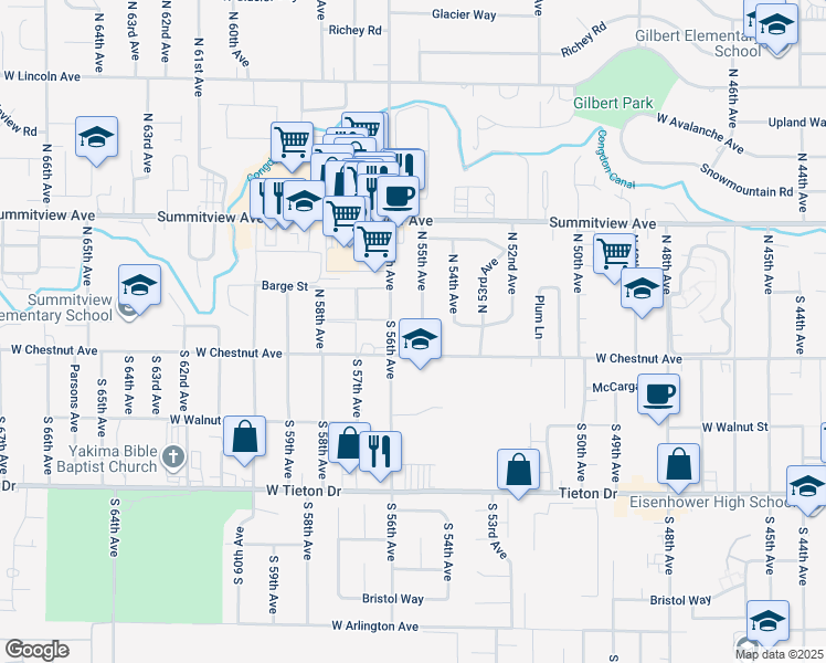 map of restaurants, bars, coffee shops, grocery stores, and more near 4 North 55th Avenue in Yakima