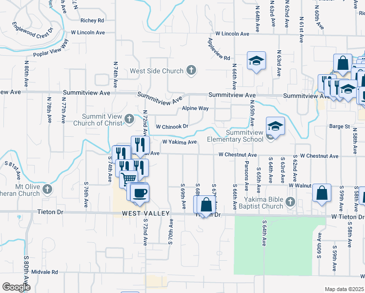 map of restaurants, bars, coffee shops, grocery stores, and more near 6901 West Yakima Avenue in Yakima