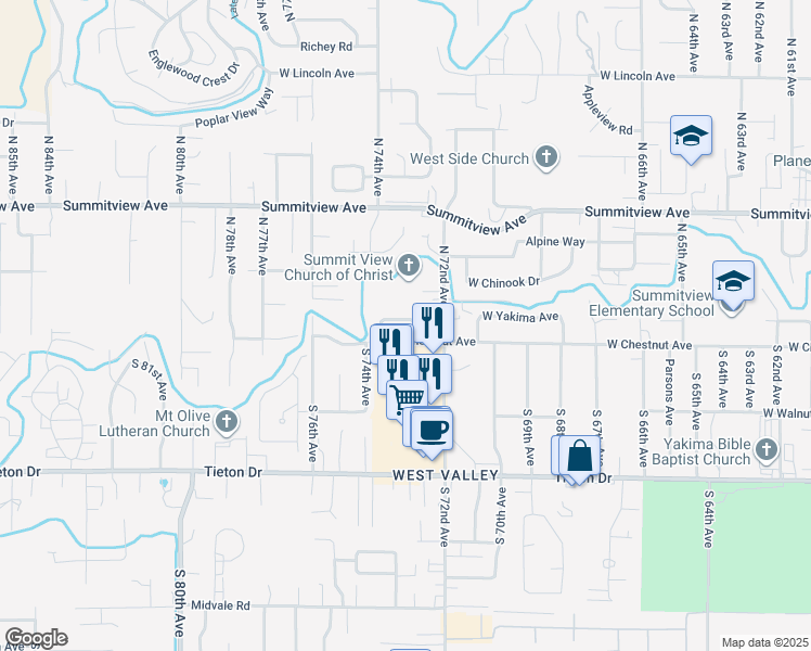 map of restaurants, bars, coffee shops, grocery stores, and more near 7304 West Yakima Avenue in Yakima