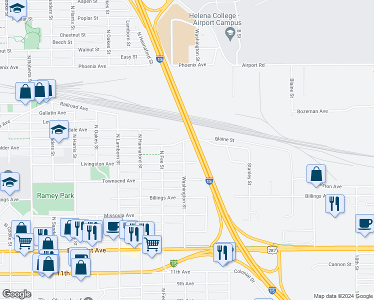 map of restaurants, bars, coffee shops, grocery stores, and more near 1211 Washington Street in Helena