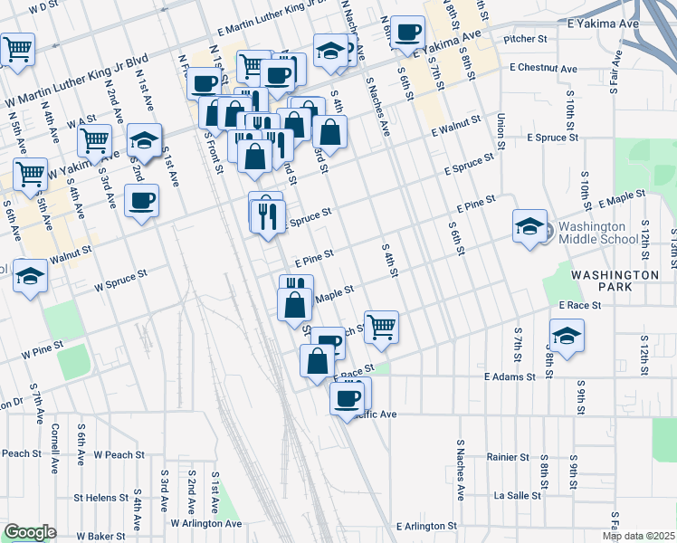 map of restaurants, bars, coffee shops, grocery stores, and more near 407 South 2nd Street in Yakima