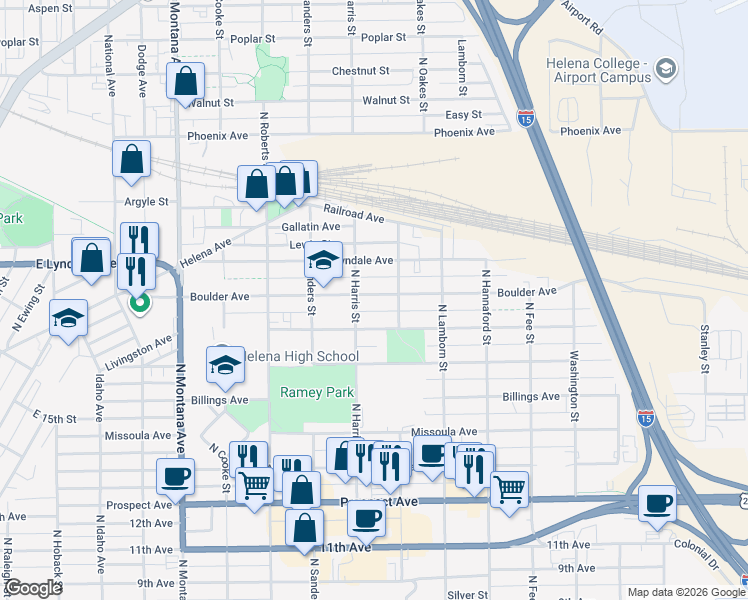map of restaurants, bars, coffee shops, grocery stores, and more near 1606 Boulder Avenue in Helena