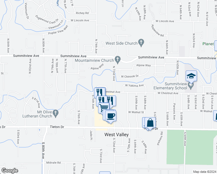 map of restaurants, bars, coffee shops, grocery stores, and more near 11 North 73rd Avenue in Yakima
