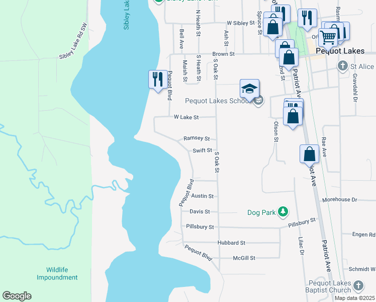 map of restaurants, bars, coffee shops, grocery stores, and more near Pequot Boulevard in Pequot Lakes