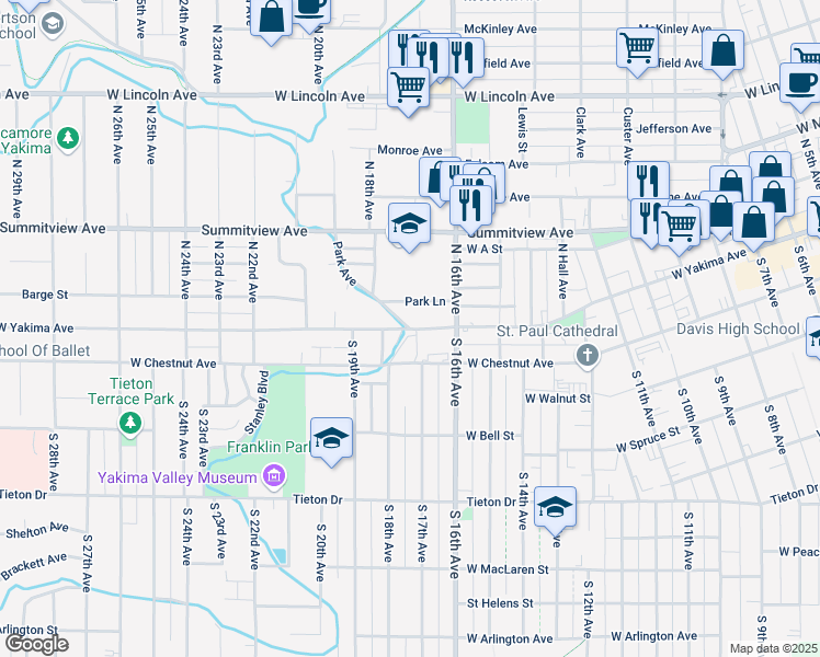map of restaurants, bars, coffee shops, grocery stores, and more near West Yakima Avenue in Yakima