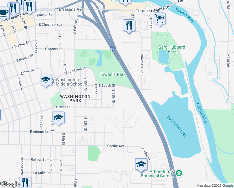 map of restaurants, bars, coffee shops, grocery stores, and more near in Yakima
