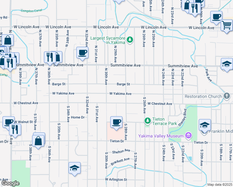 map of restaurants, bars, coffee shops, grocery stores, and more near 2901 West Yakima Avenue in Yakima