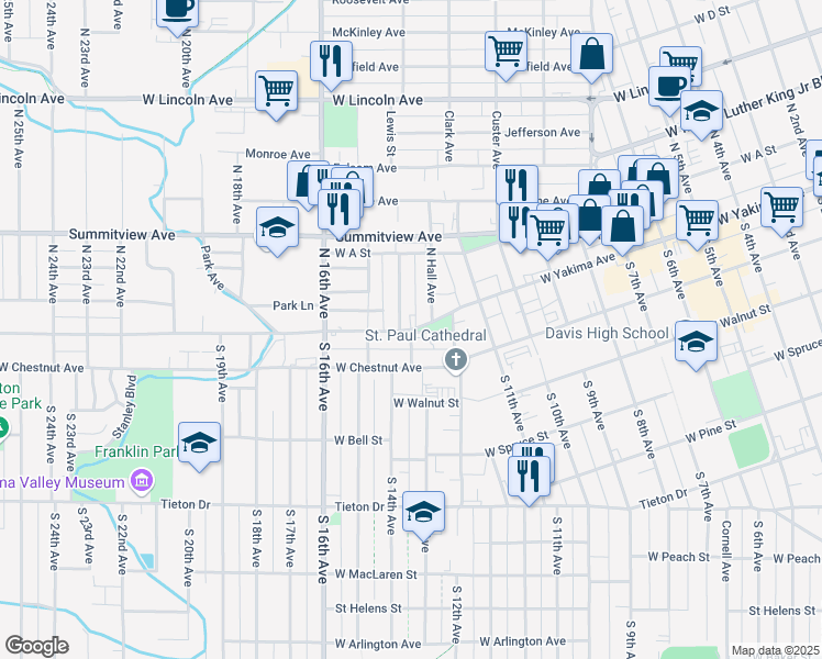 map of restaurants, bars, coffee shops, grocery stores, and more near 1 South 14th Avenue in Yakima