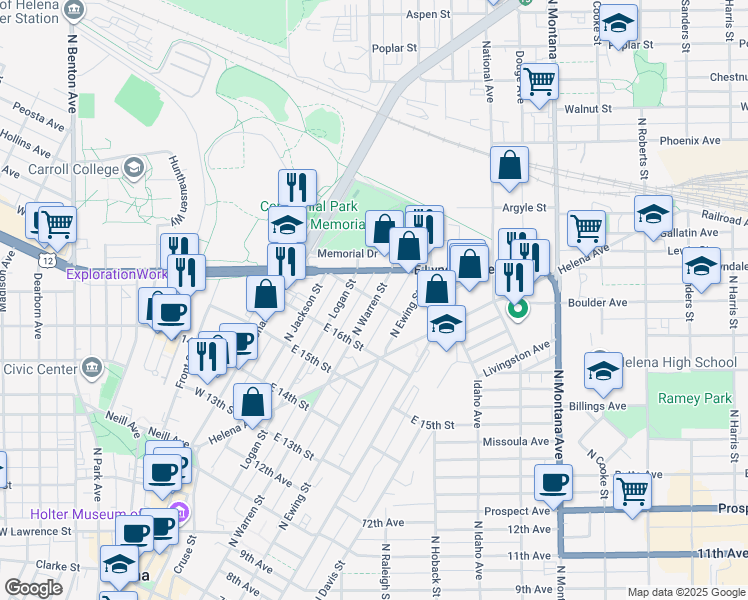 map of restaurants, bars, coffee shops, grocery stores, and more near 199 E 17th St in Helena