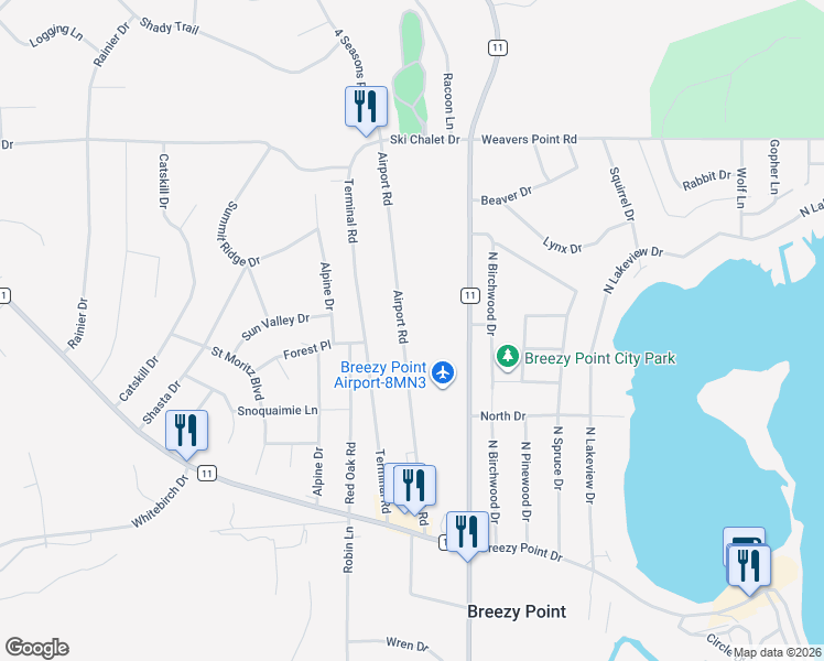 map of restaurants, bars, coffee shops, grocery stores, and more near 30634 Airport Road in Pequot Lakes