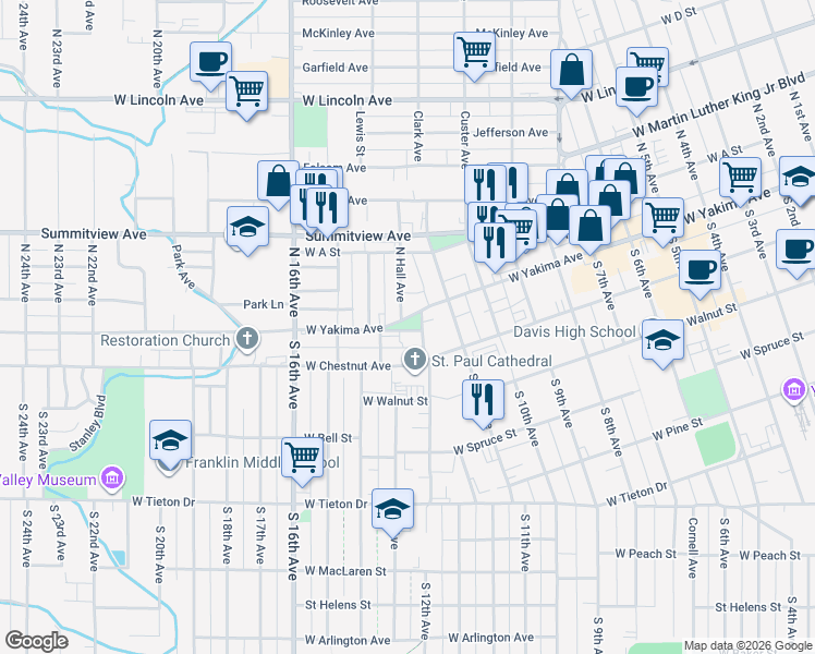 map of restaurants, bars, coffee shops, grocery stores, and more near 1203 West Yakima Avenue in Yakima