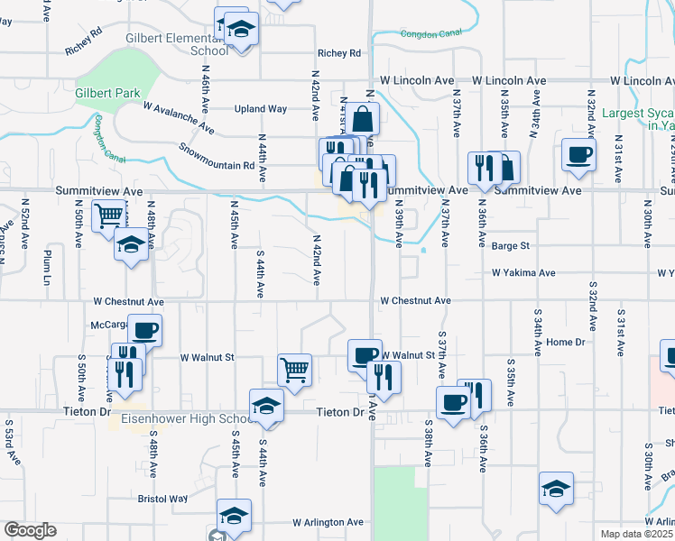 map of restaurants, bars, coffee shops, grocery stores, and more near 7 North 42nd Avenue in Yakima
