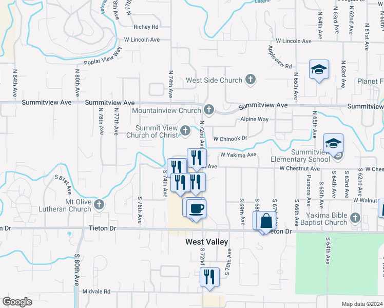 map of restaurants, bars, coffee shops, grocery stores, and more near 9 North 73rd Avenue in Yakima