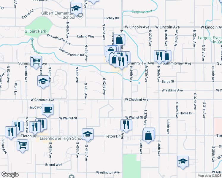map of restaurants, bars, coffee shops, grocery stores, and more near 7 North 42nd Avenue in Yakima