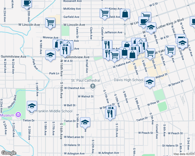 map of restaurants, bars, coffee shops, grocery stores, and more near 1 South 12th Avenue in Yakima
