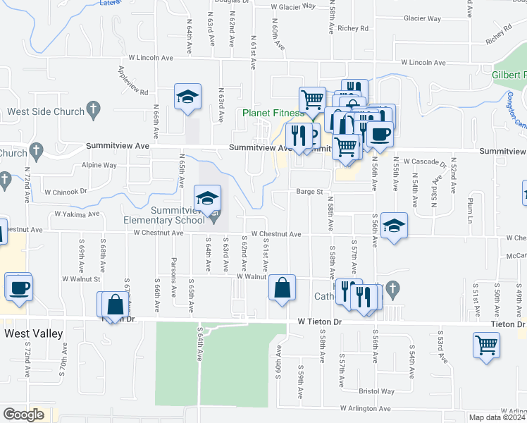 map of restaurants, bars, coffee shops, grocery stores, and more near 6101 West Yakima Avenue in Yakima