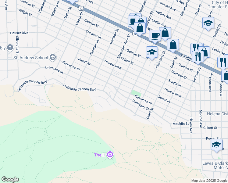 map of restaurants, bars, coffee shops, grocery stores, and more near 1401 University Street in Helena