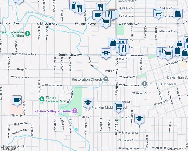 map of restaurants, bars, coffee shops, grocery stores, and more near 1817 West Yakima Avenue in Yakima