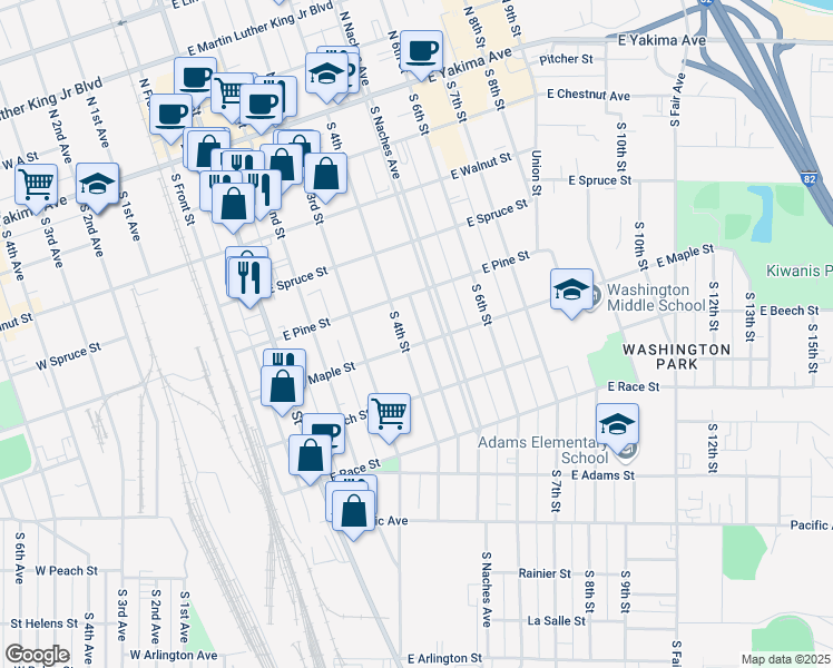 map of restaurants, bars, coffee shops, grocery stores, and more near 413 South 4th Street in Yakima