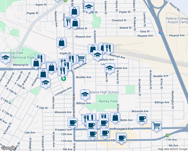 map of restaurants, bars, coffee shops, grocery stores, and more near 1336 Boulder Avenue in Helena
