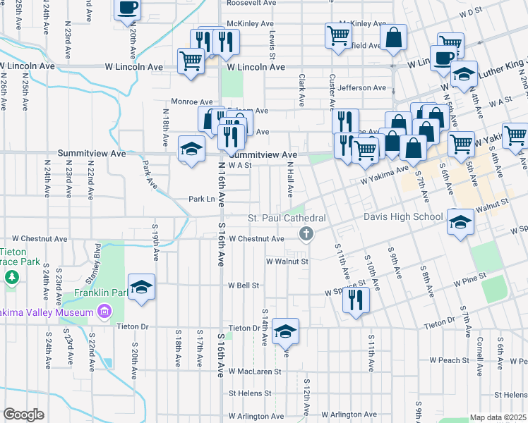 map of restaurants, bars, coffee shops, grocery stores, and more near 1409 West Yakima Avenue in Yakima