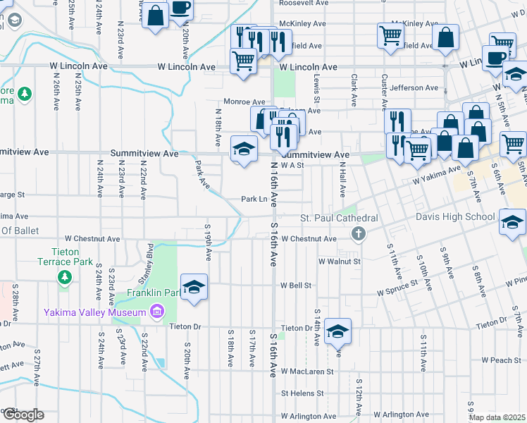 map of restaurants, bars, coffee shops, grocery stores, and more near 4 North 16th Avenue in Yakima