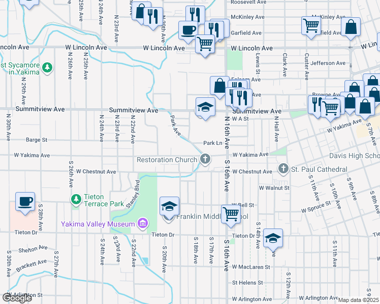 map of restaurants, bars, coffee shops, grocery stores, and more near 1817 West Yakima Avenue in Yakima