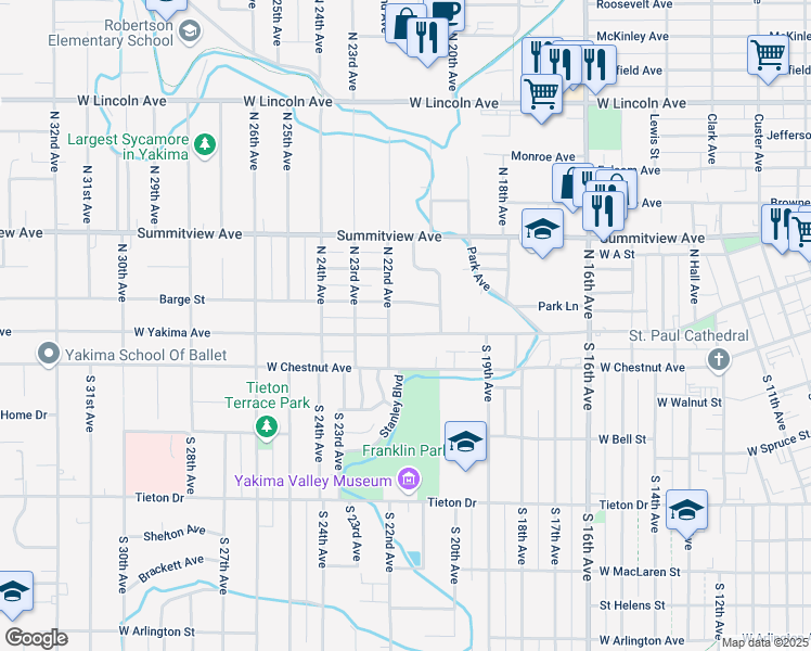 map of restaurants, bars, coffee shops, grocery stores, and more near 2106 Barge St in Yakima