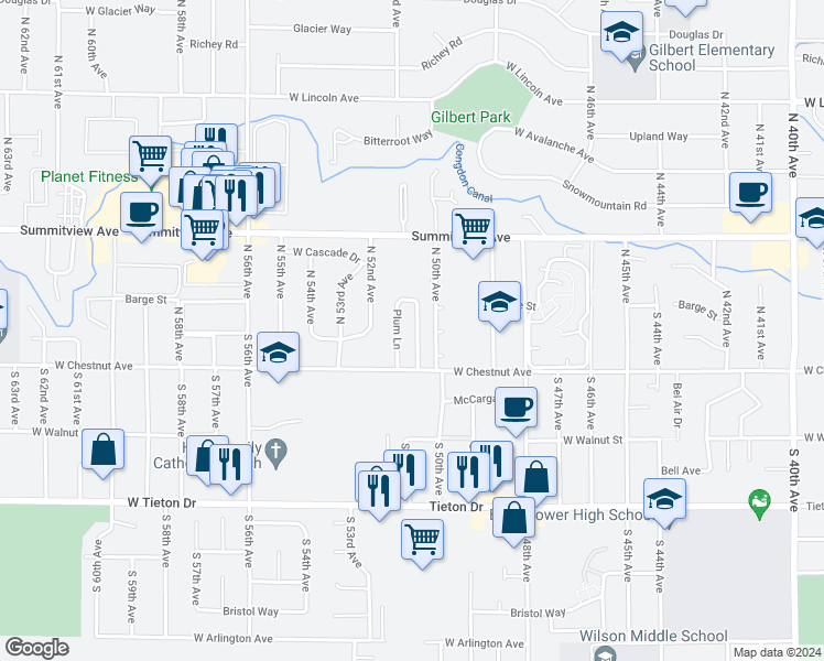map of restaurants, bars, coffee shops, grocery stores, and more near 108 Plum Lane in Yakima