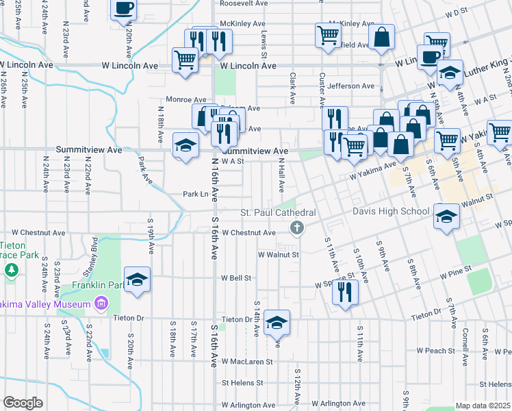 map of restaurants, bars, coffee shops, grocery stores, and more near 2 Chicago Avenue in Yakima