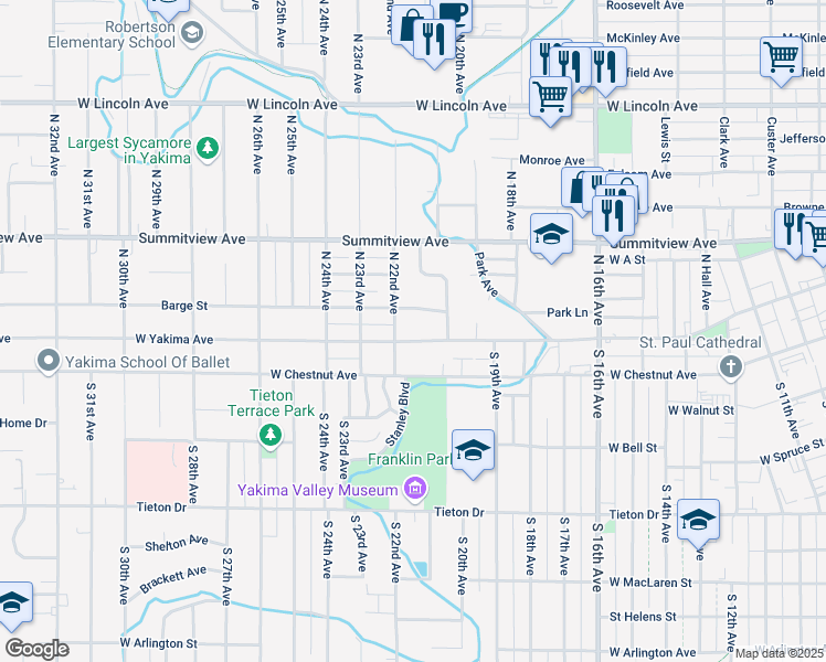 map of restaurants, bars, coffee shops, grocery stores, and more near 2109 West Yakima Avenue in Yakima