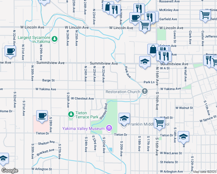 map of restaurants, bars, coffee shops, grocery stores, and more near 2109 West Yakima Avenue in Yakima