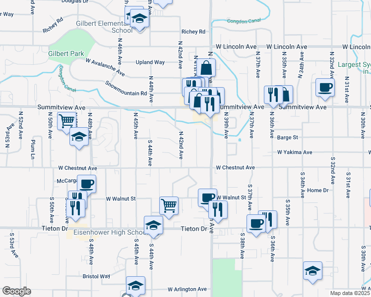 map of restaurants, bars, coffee shops, grocery stores, and more near 7 North 42nd Avenue in Yakima