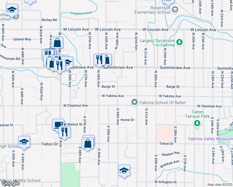 map of restaurants, bars, coffee shops, grocery stores, and more near 3401 West Yakima Avenue in Yakima