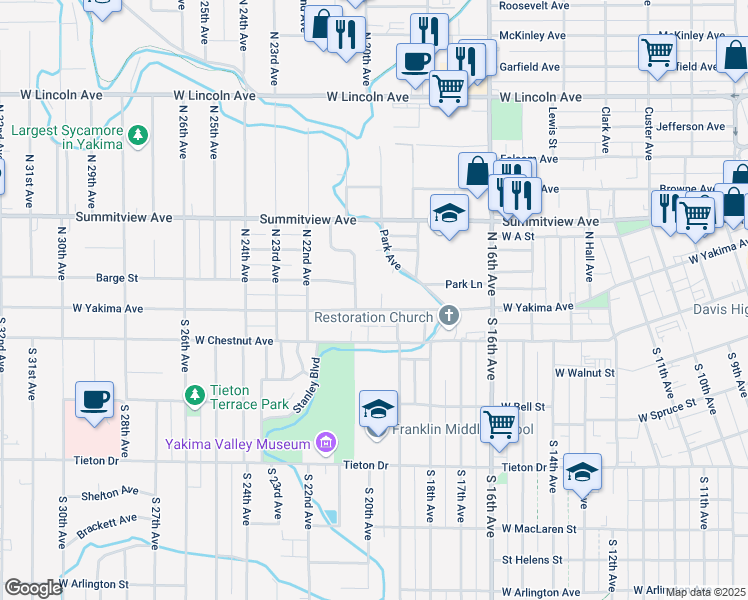 map of restaurants, bars, coffee shops, grocery stores, and more near 1911 West Yakima Avenue in Yakima